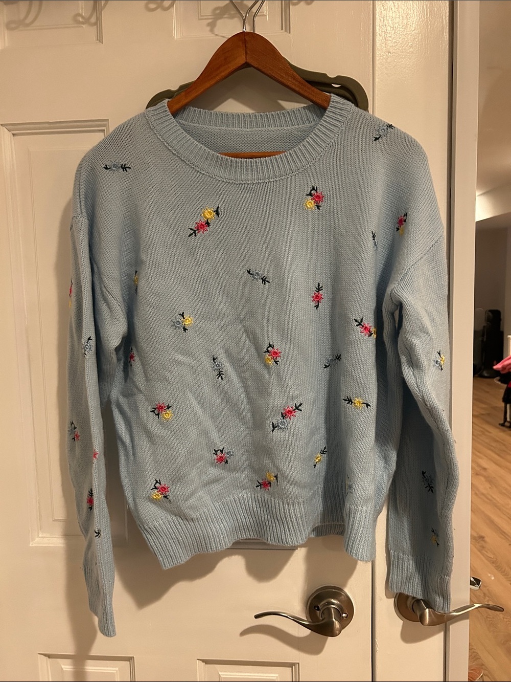 Light Blue Floral Embroidered Crewneck Sweater